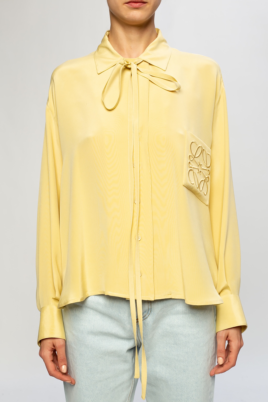 【送料&関税込】Loewe Fluo Yellow Satin Top LOEWE SHIRT WITH POCKETS - Yellow Silk shirt with logo Loewe